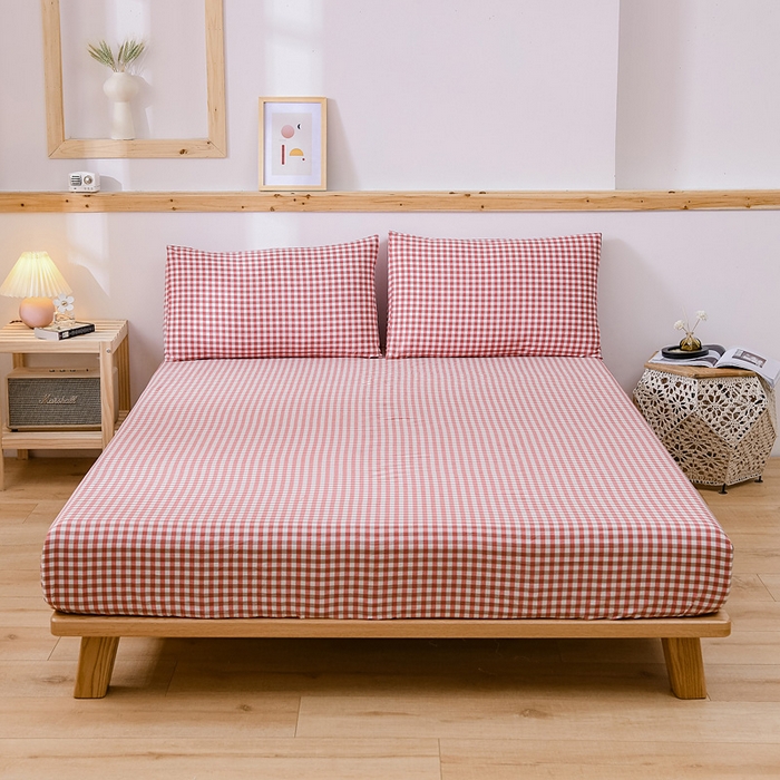 恋人优选 2025新款纯棉色织床笠--无标款 红咖小格