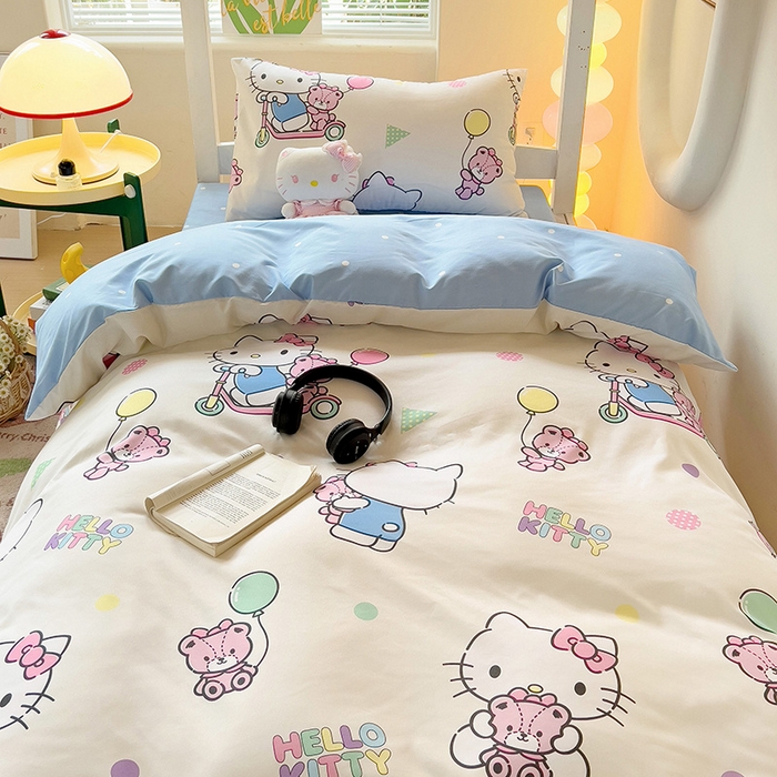 91家纺网 家纺一手货源 找家纺 港岛妹妹 2025新款云朵水洗工艺三丽鸥学生宿舍三件套上下铺三件套 三丽鸥-五彩kt猫