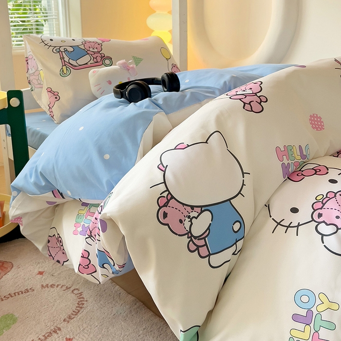 91家纺网 家纺一手货源 找家纺 港岛妹妹 2025新款云朵水洗工艺三丽鸥学生宿舍三件套上下铺三件套 三丽鸥-五彩kt猫