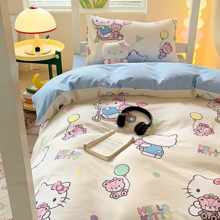 91家纺网 家纺一手货源 找家纺 港岛妹妹 2025新款云朵水洗工艺三丽鸥学生宿舍三件套上下铺三件套 三丽鸥-五彩kt猫