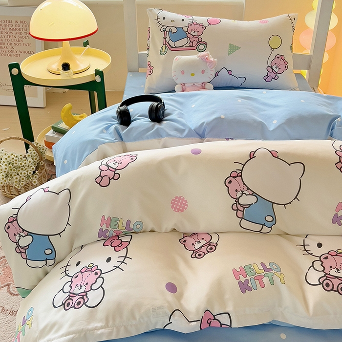 91家纺网 家纺一手货源 找家纺 港岛妹妹 2025新款云朵水洗工艺三丽鸥学生宿舍三件套上下铺三件套 三丽鸥-五彩kt猫