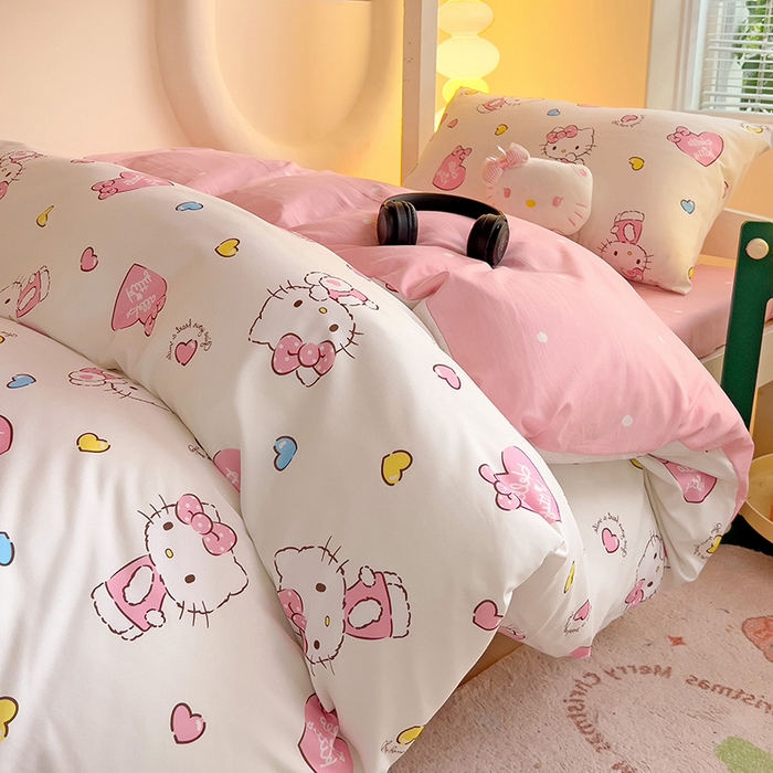 91家纺网 家纺一手货源 找家纺 港岛妹妹 2025新款云朵水洗工艺三丽鸥学生宿舍三件套上下铺三件套 三丽鸥-心动kt猫