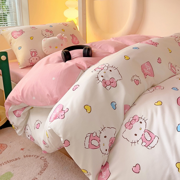 91家纺网 家纺一手货源 找家纺 港岛妹妹 2025新款云朵水洗工艺三丽鸥学生宿舍三件套上下铺三件套 三丽鸥-心动kt猫