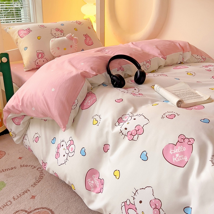 91家纺网 家纺一手货源 找家纺 港岛妹妹 2025新款云朵水洗工艺三丽鸥学生宿舍三件套上下铺三件套 三丽鸥-心动kt猫