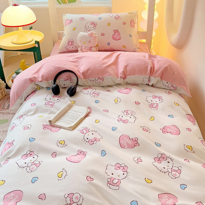 91家纺网 家纺一手货源 找家纺 港岛妹妹 2025新款云朵水洗工艺三丽鸥学生宿舍三件套上下铺三件套 三丽鸥-心动kt猫