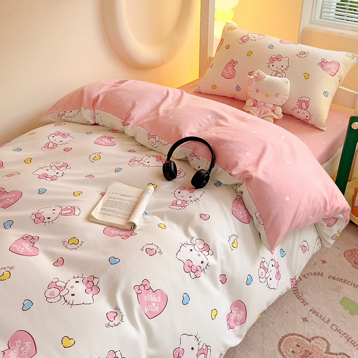 91家纺网 家纺一手货源 找家纺 港岛妹妹 2025新款云朵水洗工艺三丽鸥学生宿舍三件套上下铺三件套 三丽鸥-心动kt猫