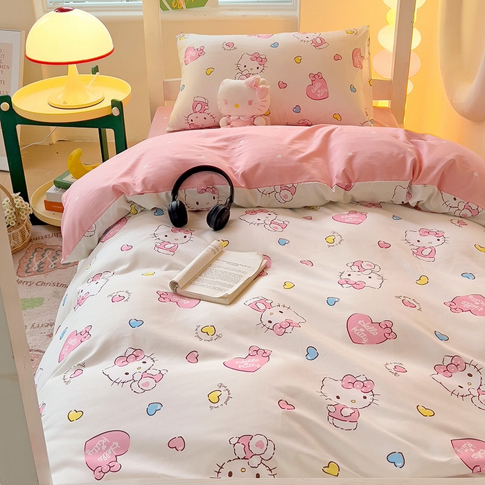 91家纺网 家纺一手货源 找家纺 港岛妹妹 2025新款云朵水洗工艺三丽鸥学生宿舍三件套上下铺三件套 三丽鸥-心动kt猫