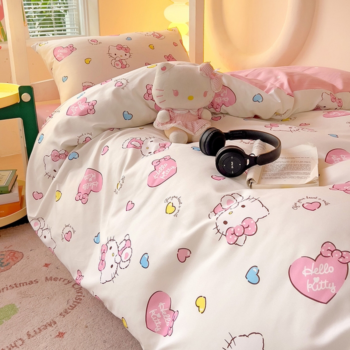 91家纺网 家纺一手货源 找家纺 港岛妹妹 2025新款云朵水洗工艺三丽鸥学生宿舍三件套上下铺三件套 三丽鸥-心动kt猫