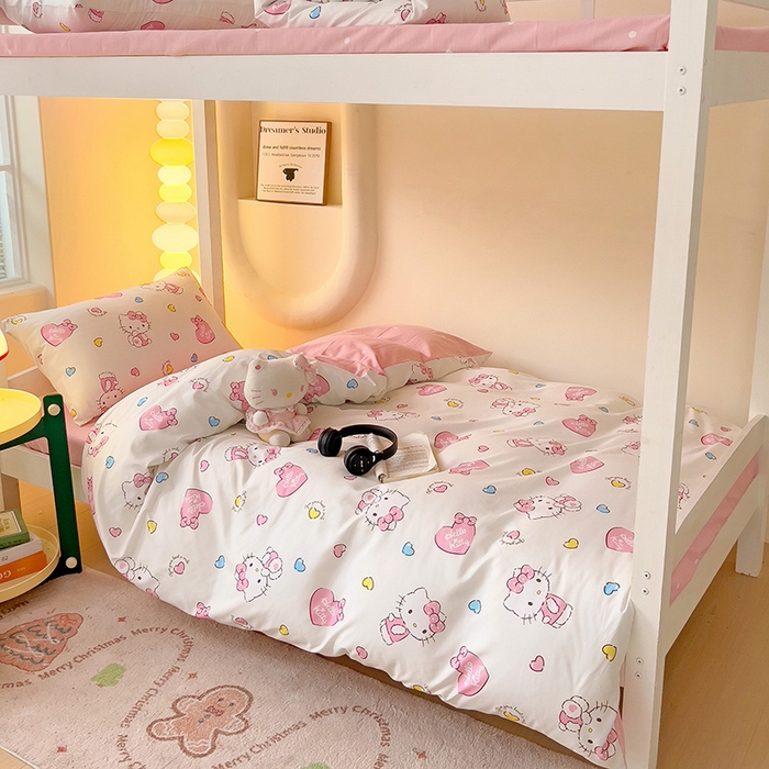 91家纺网 家纺一手货源 找家纺 港岛妹妹 2025新款云朵水洗工艺三丽鸥学生宿舍三件套上下铺三件套 三丽鸥-心动kt猫