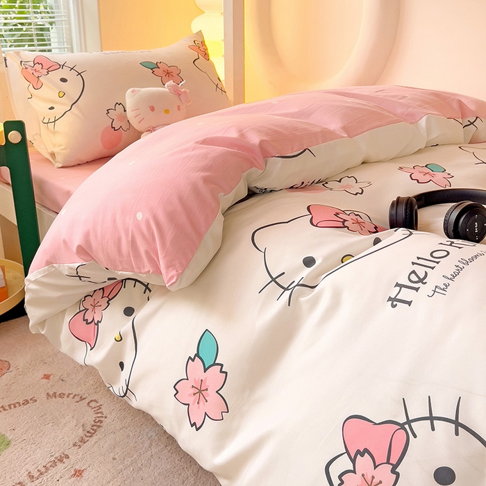 91家纺网 家纺一手货源 找家纺 港岛妹妹 2025新款云朵水洗工艺三丽鸥学生宿舍三件套上下铺三件套 三丽鸥-樱花kt猫