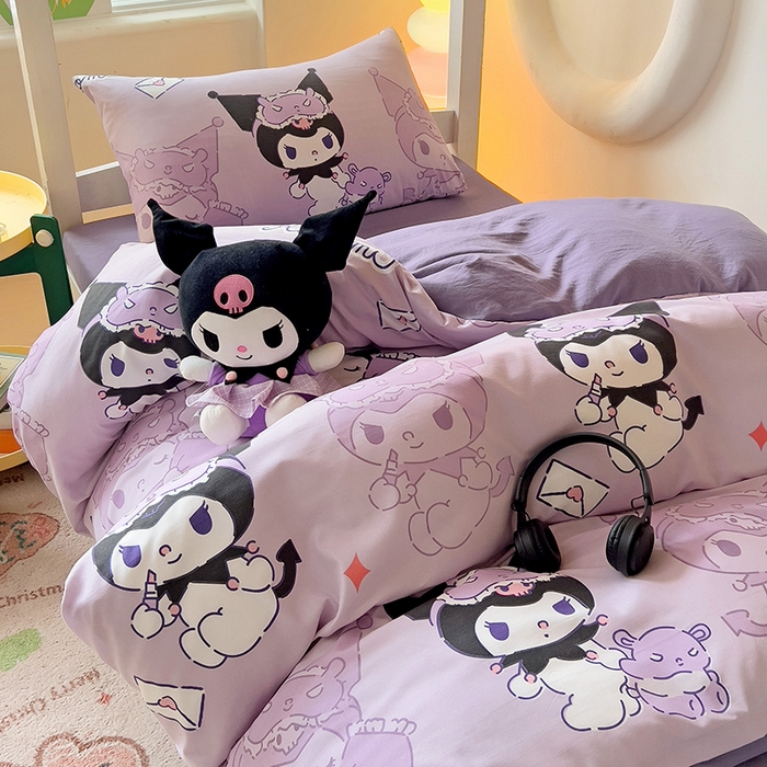 91家纺网 家纺一手货源 找家纺 港岛妹妹 2025新款云朵水洗工艺三丽鸥学生宿舍三件套上下铺三件套 三丽鸥-紫色库洛米