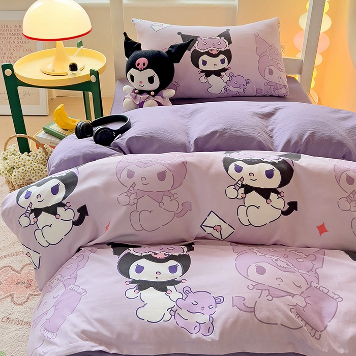 91家纺网 家纺一手货源 找家纺 港岛妹妹 2025新款云朵水洗工艺三丽鸥学生宿舍三件套上下铺三件套 三丽鸥-紫色库洛米