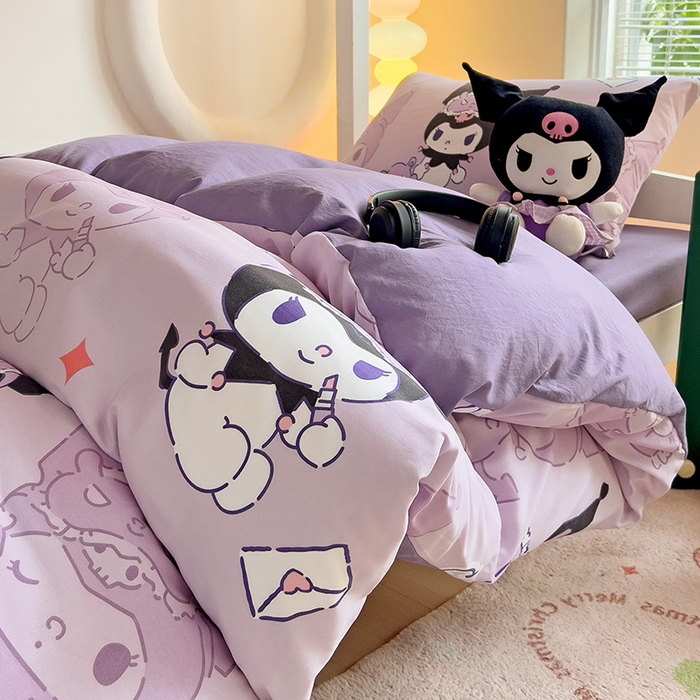 91家纺网 家纺一手货源 找家纺 港岛妹妹 2025新款云朵水洗工艺三丽鸥学生宿舍三件套上下铺三件套 三丽鸥-紫色库洛米