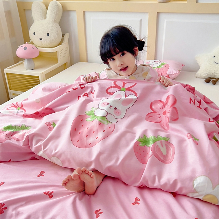 91家纺网 家纺一手货源 找家纺 吉咪兔儿童睡袋四季通用中大童纯棉秋冬季加厚小孩学生成人防踢被子神器草莓免子