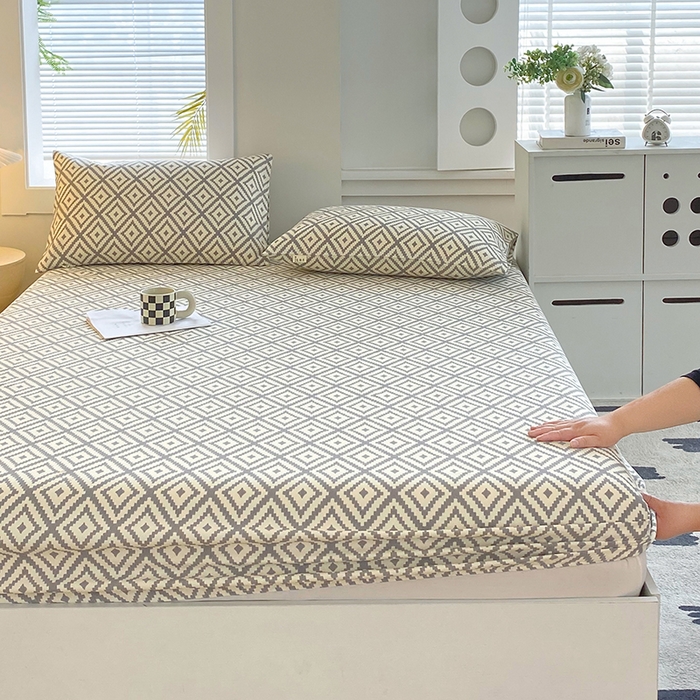 91家纺网 家纺一手货源 找家纺 爱彼家纺 2025新款老粗布床笠 老粗布床笠-菱格绿