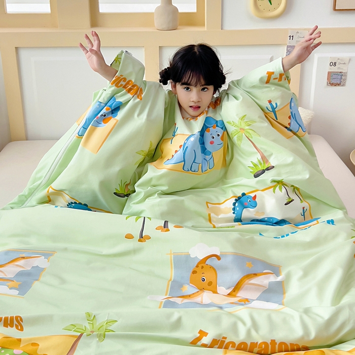 91家纺网 家纺一手货源 找家纺 吉咪兔儿童睡袋四季通用中大童纯棉秋冬季加厚小孩学生成人防踢被子神器恐龙王国