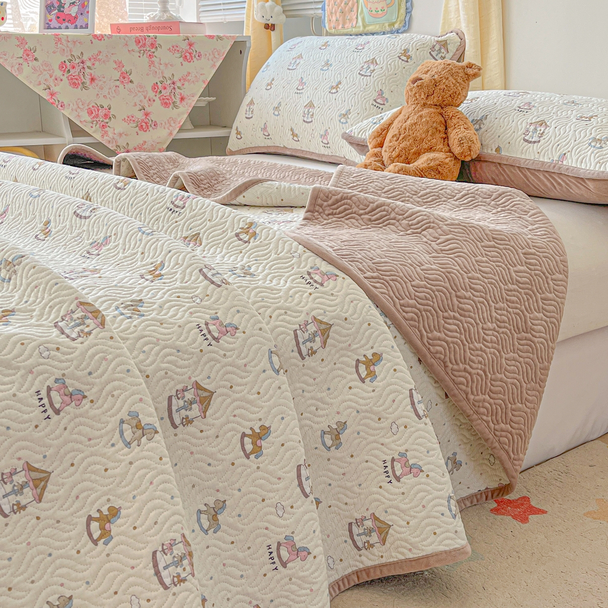 慕晨 2025新品棉加绒床盖一面全棉一面牛奶绒床盖炕盖单品床盖床盖单件加厚高温酵素砂洗 马戏团