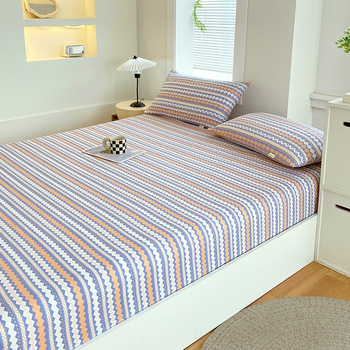 91家纺网 家纺一手货源 找家纺 爱彼家纺 2025新款老粗布床笠 老粗布床笠-向往蓝条