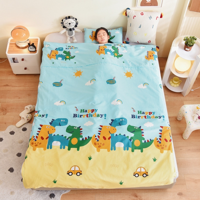 91家纺网 家纺一手货源 找家纺 吉咪兔儿童睡袋四季通用中大童纯棉秋冬季加厚小孩学生成人防踢被子神器恐龙世界