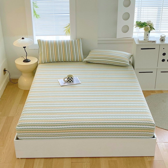 91家纺网 家纺一手货源 找家纺 爱彼家纺 2025新款老粗布床笠 老粗布床笠-向往条绿