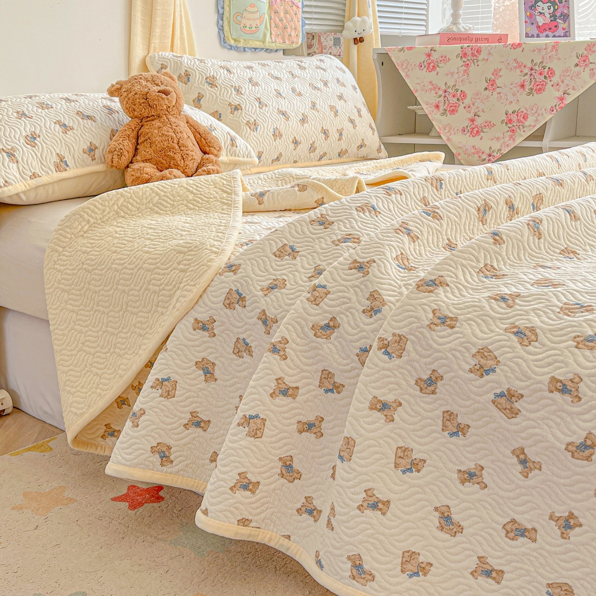 91家纺网 家纺一手货源 找家纺 慕晨 2025新品棉加绒床盖一面全棉一面牛奶绒床盖炕盖单品床盖床盖单件加厚高温酵素砂洗 奶油熊