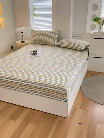 91家纺网 家纺一手货源 找家纺 爱彼家纺 2025新款老粗布床笠 老粗布床笠-向往条绿