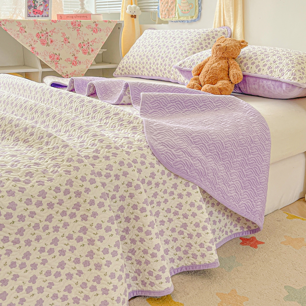 慕晨 2025新品棉加绒床盖一面全棉一面牛奶绒床盖炕盖单品床盖床盖单件加厚高温酵素砂洗 小紫花