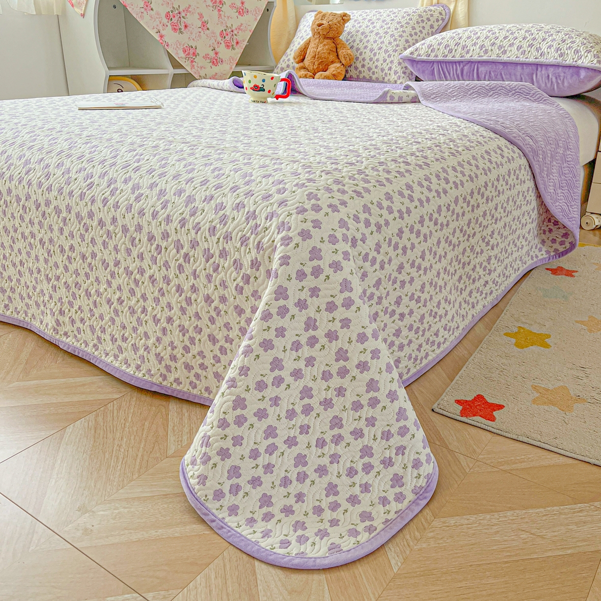 91家纺网 家纺一手货源 找家纺 慕晨 2025新品棉加绒床盖一面全棉一面牛奶绒床盖炕盖单品床盖床盖单件加厚高温酵素砂洗 小紫花