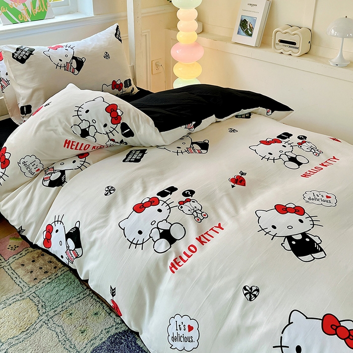 91家纺网 家纺一手货源 找家纺 港岛妹妹 2025新款云朵水洗工艺三丽鸥学生宿舍三件套上下铺三件套 三丽鸥-KT与小熊