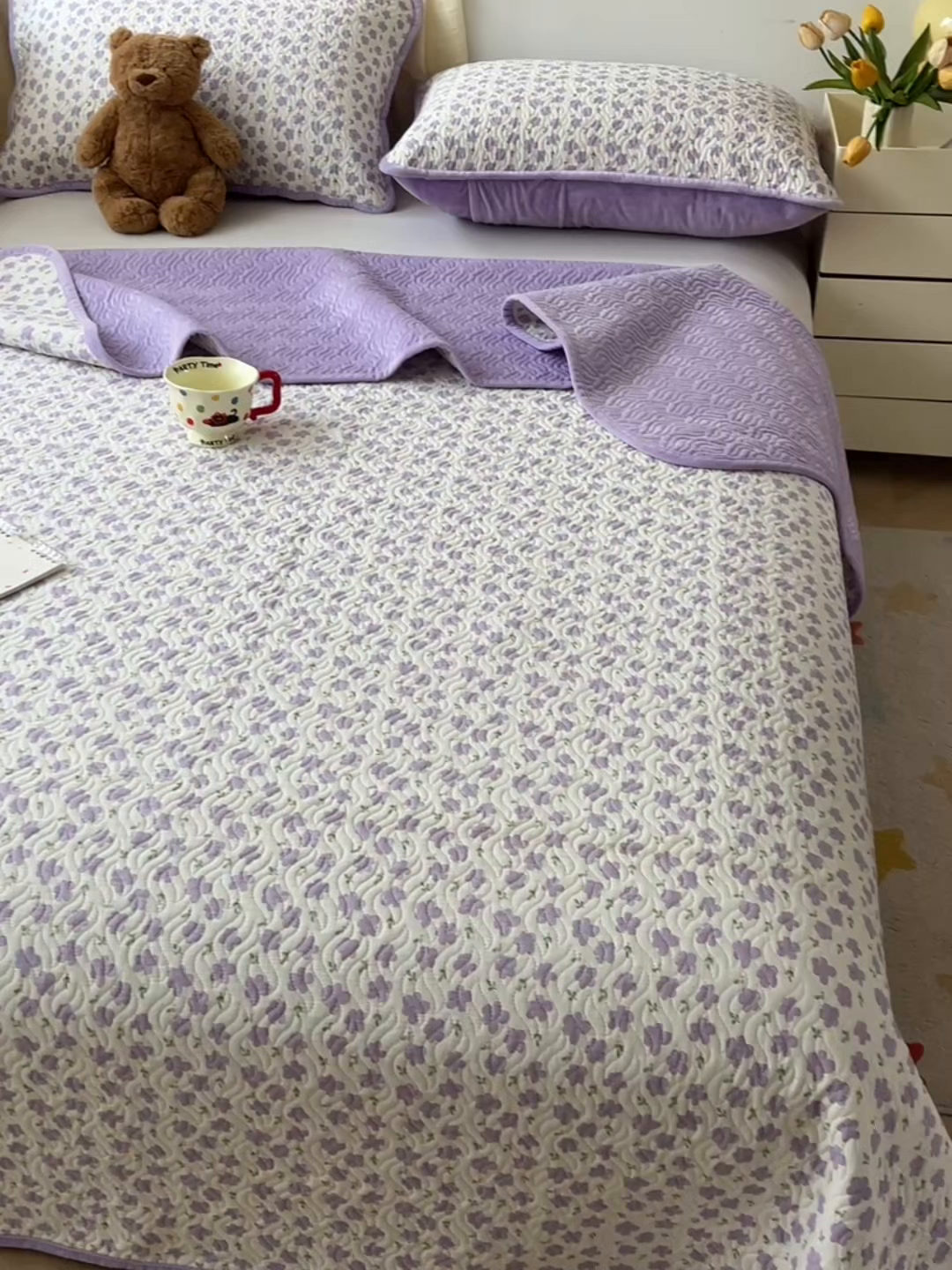 91家纺网 家纺一手货源 找家纺 慕晨 2025新品棉加绒床盖一面全棉一面牛奶绒床盖炕盖单品床盖床盖单件加厚高温酵素砂洗 小紫花