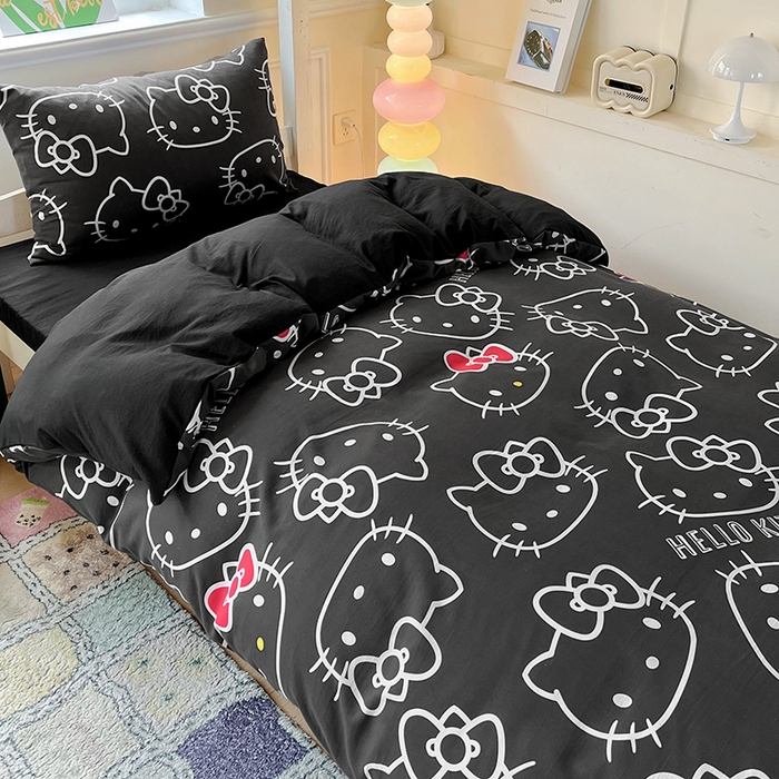 91家纺网 家纺一手货源 找家纺 港岛妹妹 2025新款云朵水洗工艺三丽鸥学生宿舍三件套上下铺三件套 三丽鸥-黑白KT