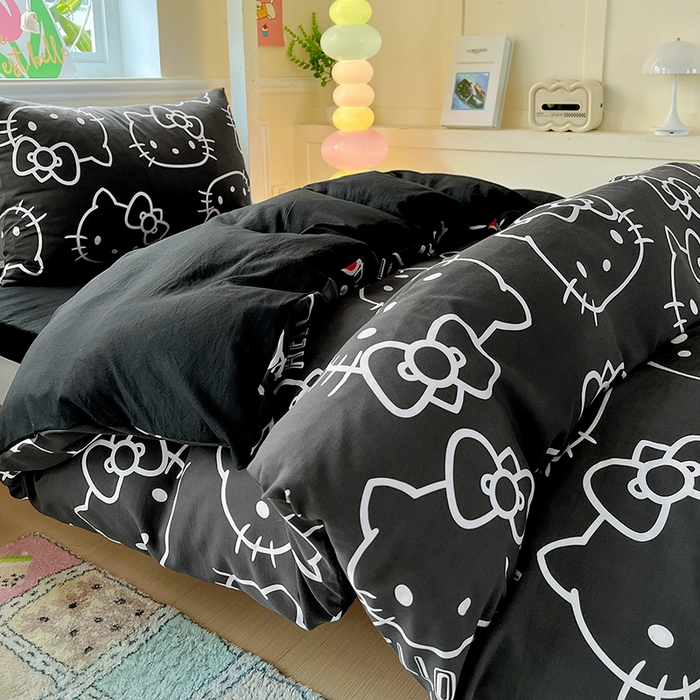 91家纺网 家纺一手货源 找家纺 港岛妹妹 2025新款云朵水洗工艺三丽鸥学生宿舍三件套上下铺三件套 三丽鸥-黑白KT