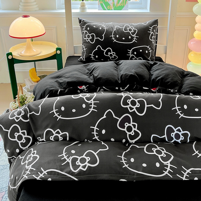 91家纺网 家纺一手货源 找家纺 港岛妹妹 2025新款云朵水洗工艺三丽鸥学生宿舍三件套上下铺三件套 三丽鸥-黑白KT