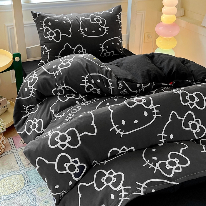 91家纺网 家纺一手货源 找家纺 港岛妹妹 2025新款云朵水洗工艺三丽鸥学生宿舍三件套上下铺三件套 三丽鸥-黑白KT