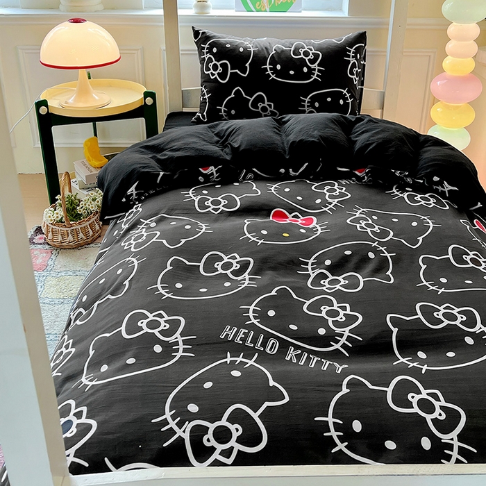 91家纺网 家纺一手货源 找家纺 港岛妹妹 2025新款云朵水洗工艺三丽鸥学生宿舍三件套上下铺三件套 三丽鸥-黑白KT