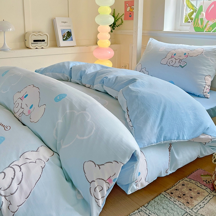91家纺网 家纺一手货源 找家纺 港岛妹妹 2025新款云朵水洗工艺三丽鸥学生宿舍三件套上下铺三件套 三丽鸥-软萌玉桂狗蓝