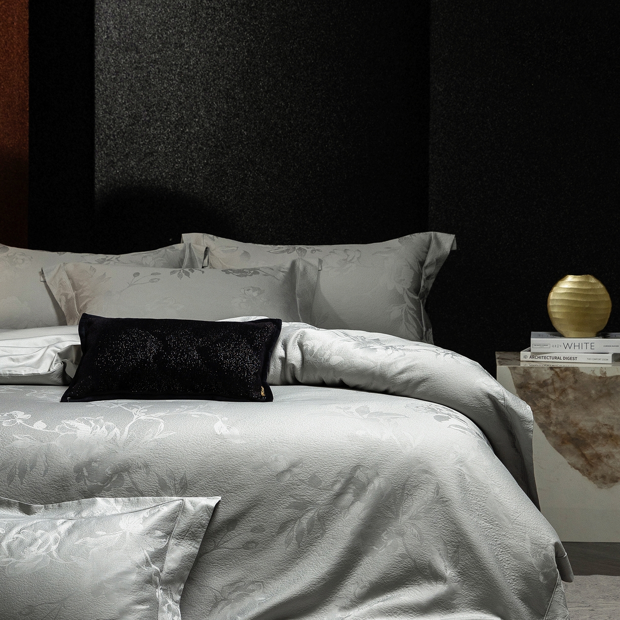 91家纺网 家纺一手货源 找家纺 太古汇家居 2025新款全棉厚织金丝银线四件套-水榭花都系列 水榭花都-灰绿