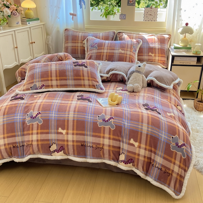 91家纺网 家纺一手货源 找家纺 大麦家纺 2025年新款兔毛花边印花牛奶绒四件套 奔跑汪汪