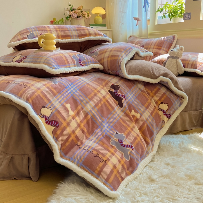 91家纺网 家纺一手货源 找家纺 大麦家纺 2025年新款兔毛花边印花牛奶绒四件套 奔跑汪汪