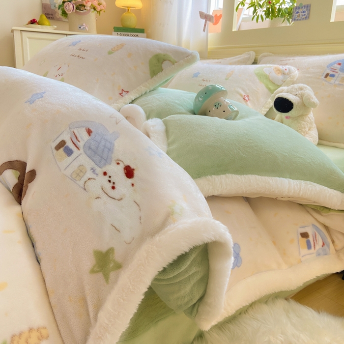 大麦家纺 2025年新款兔毛花边印花牛奶绒四件套 草地小狗