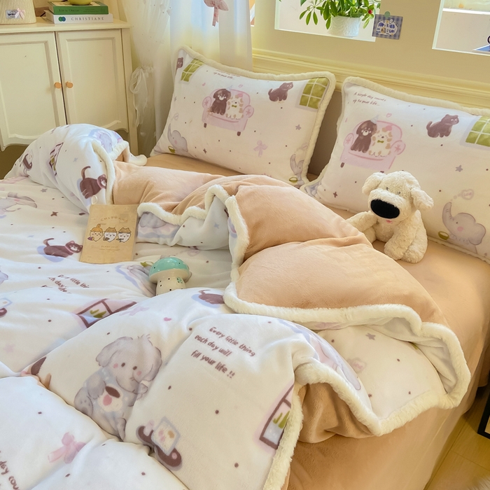 91家纺网 家纺一手货源 找家纺 大麦家纺 2025年新款兔毛花边印花牛奶绒四件套 萌象周未趴