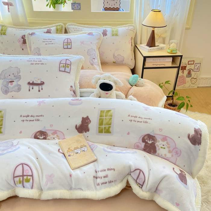 91家纺网 家纺一手货源 找家纺 大麦家纺 2025年新款兔毛花边印花牛奶绒四件套 萌象周未趴