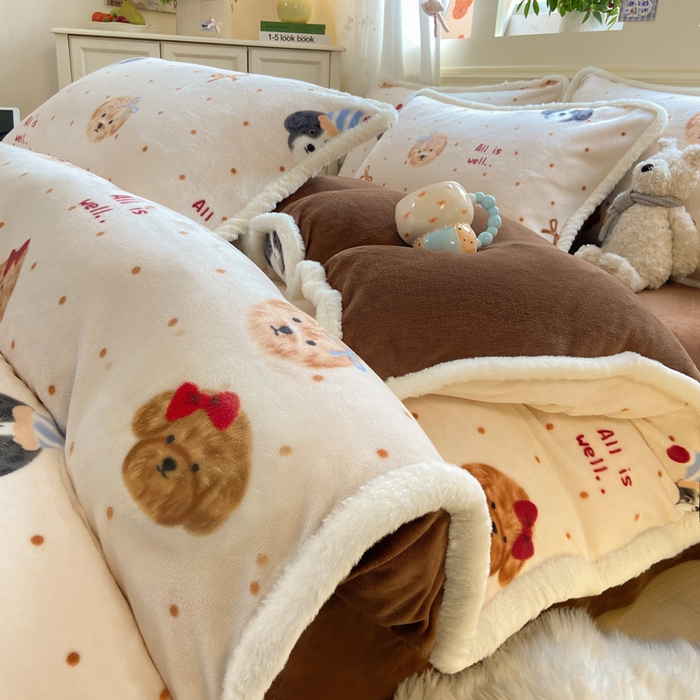 大麦家纺 2025年新款兔毛花边印花牛奶绒四件套 幸运狗狗