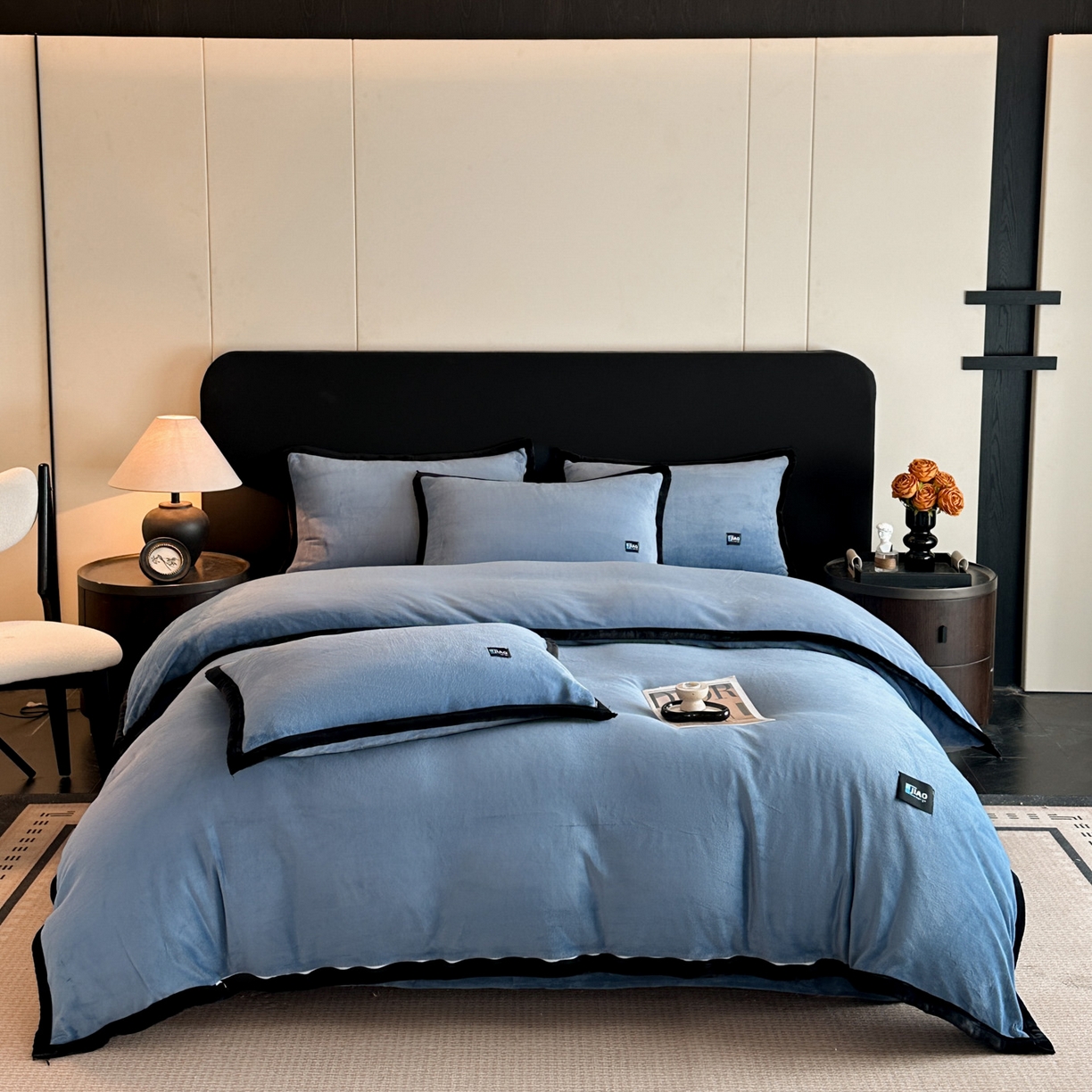 91家纺网 家纺一手货源 找家纺 金麦家纺 2025新款牛奶绒撞色拼边四件套贝拉系列 贝拉-宾利蓝