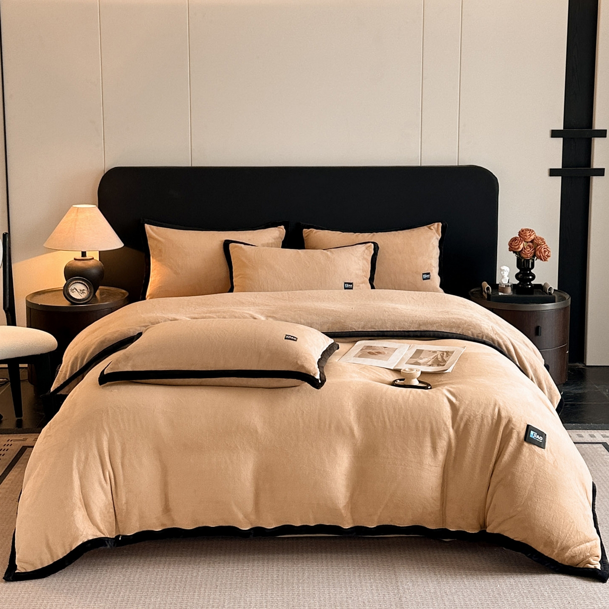 91家纺网 家纺一手货源 找家纺 金麦家纺 2025新款牛奶绒撞色拼边四件套贝拉系列 贝拉-香槟色