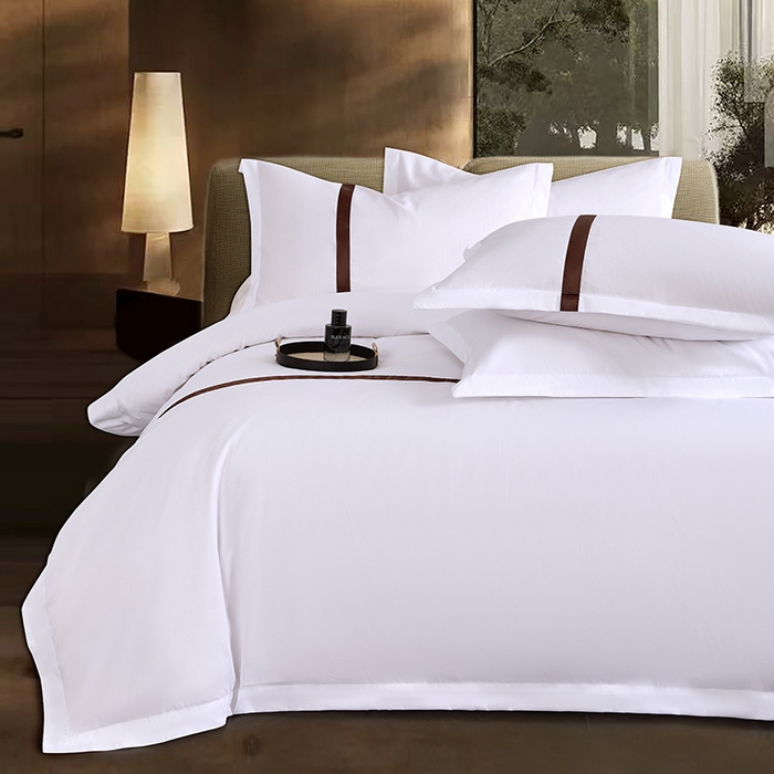 91家纺网 家纺一手货源 找家纺 罗菲尼酒店用品 2025新款高仿棉织带酒店宾馆四件套套件经典织带款 经典织带-深咖