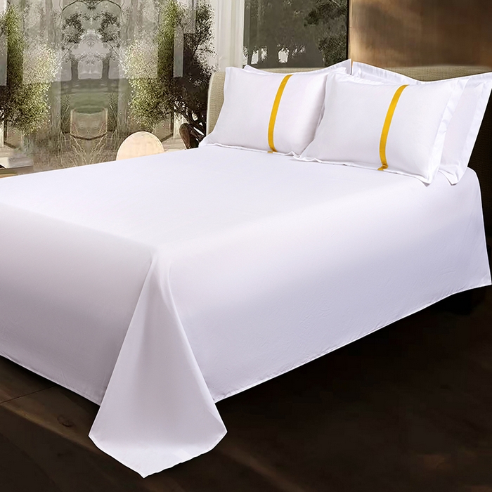 91家纺网 家纺一手货源 找家纺 罗菲尼酒店用品 2025新款高仿棉织带酒店宾馆四件套套件经典织带款 经典织带-金黄