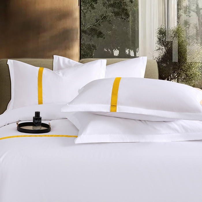 91家纺网 家纺一手货源 找家纺 罗菲尼酒店用品 2025新款高仿棉织带酒店宾馆四件套套件经典织带款 经典织带-金黄