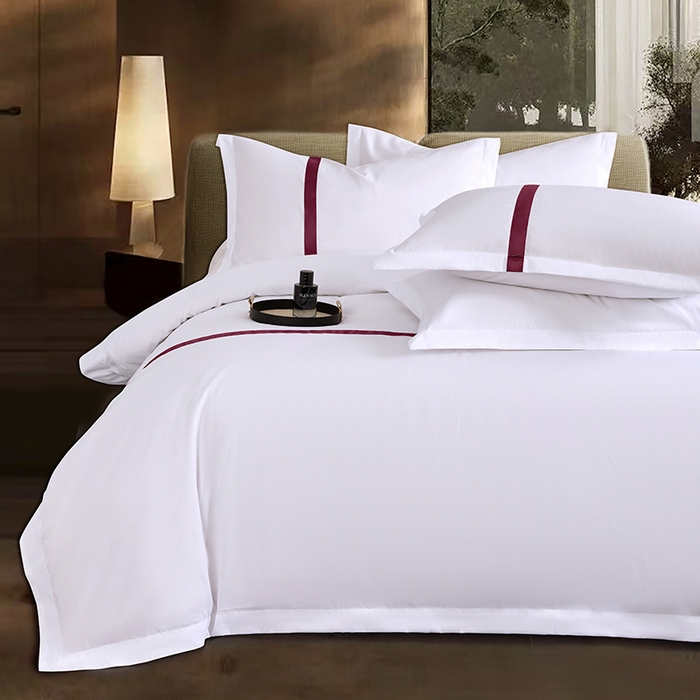 91家纺网 家纺一手货源 找家纺 罗菲尼酒店用品 2025新款高仿棉织带酒店宾馆四件套套件经典织带款 经典织带-大红