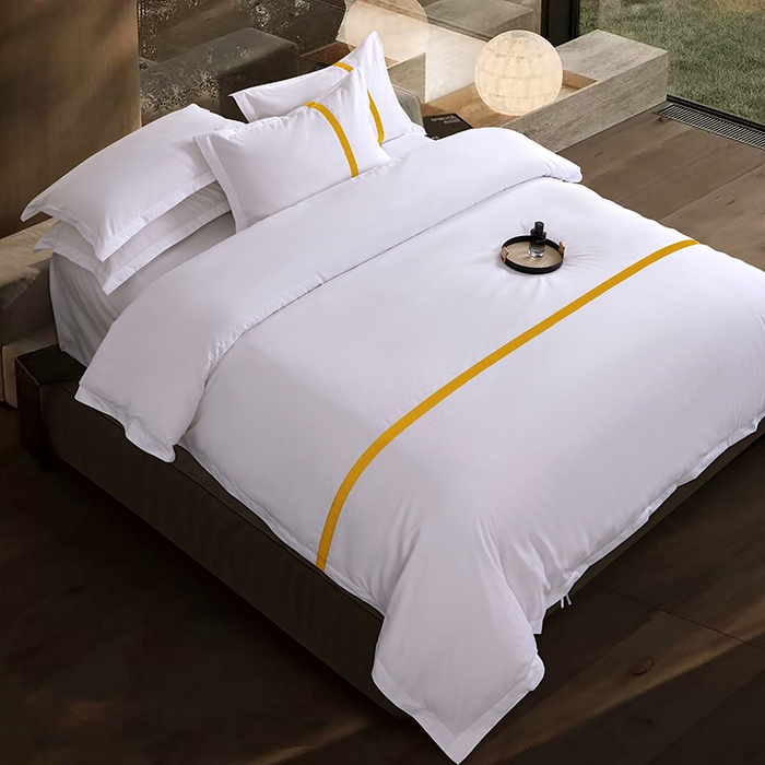 91家纺网 家纺一手货源 找家纺 罗菲尼酒店用品 2025新款高仿棉织带酒店宾馆四件套套件经典织带款 经典织带-金黄